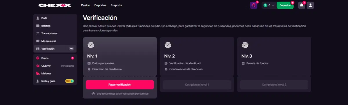 Pantalla real de verificación KYC de una cuenta CHEXX