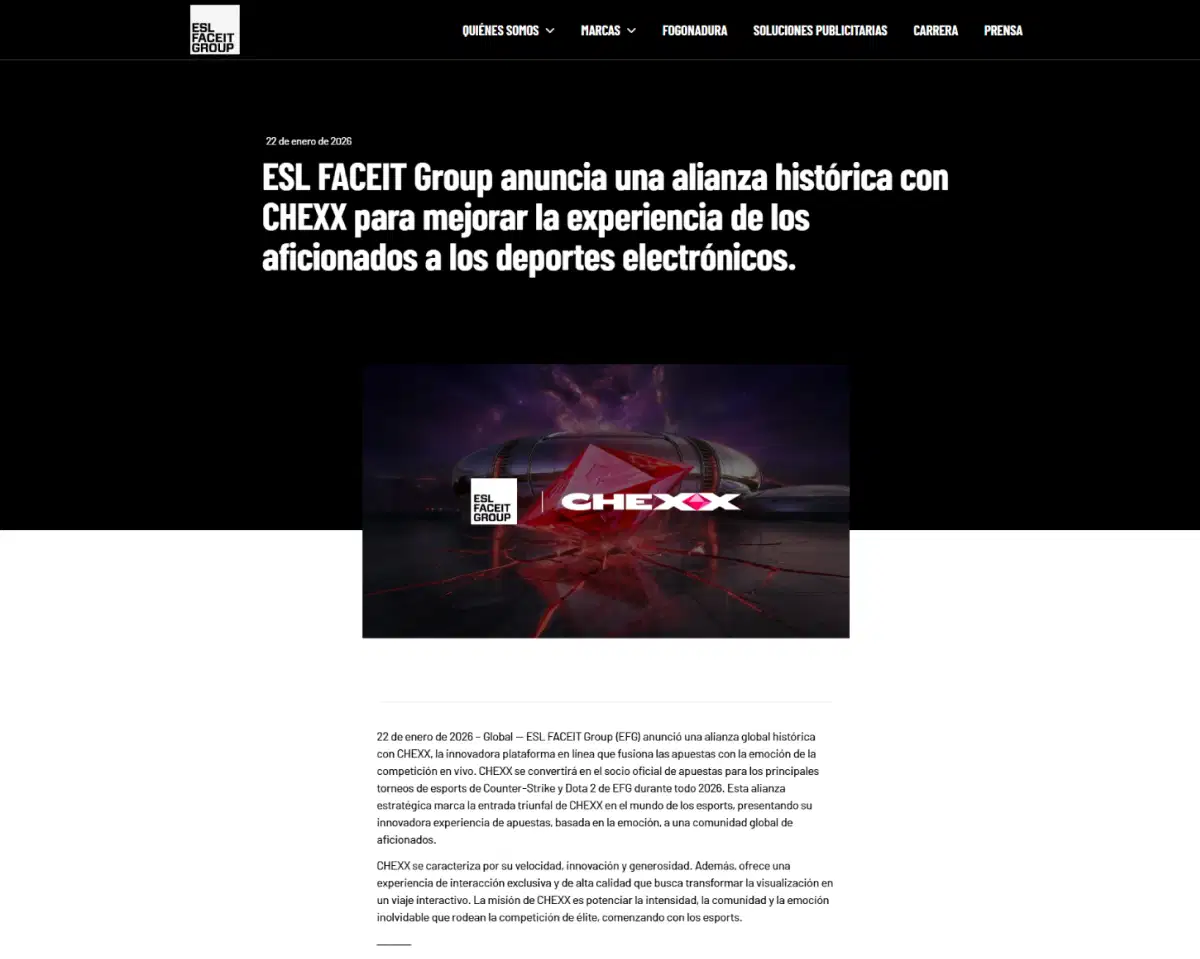 Captura del anuncio oficial de ESL FACEIT Group sobre su partnership con CHEXX en 2026