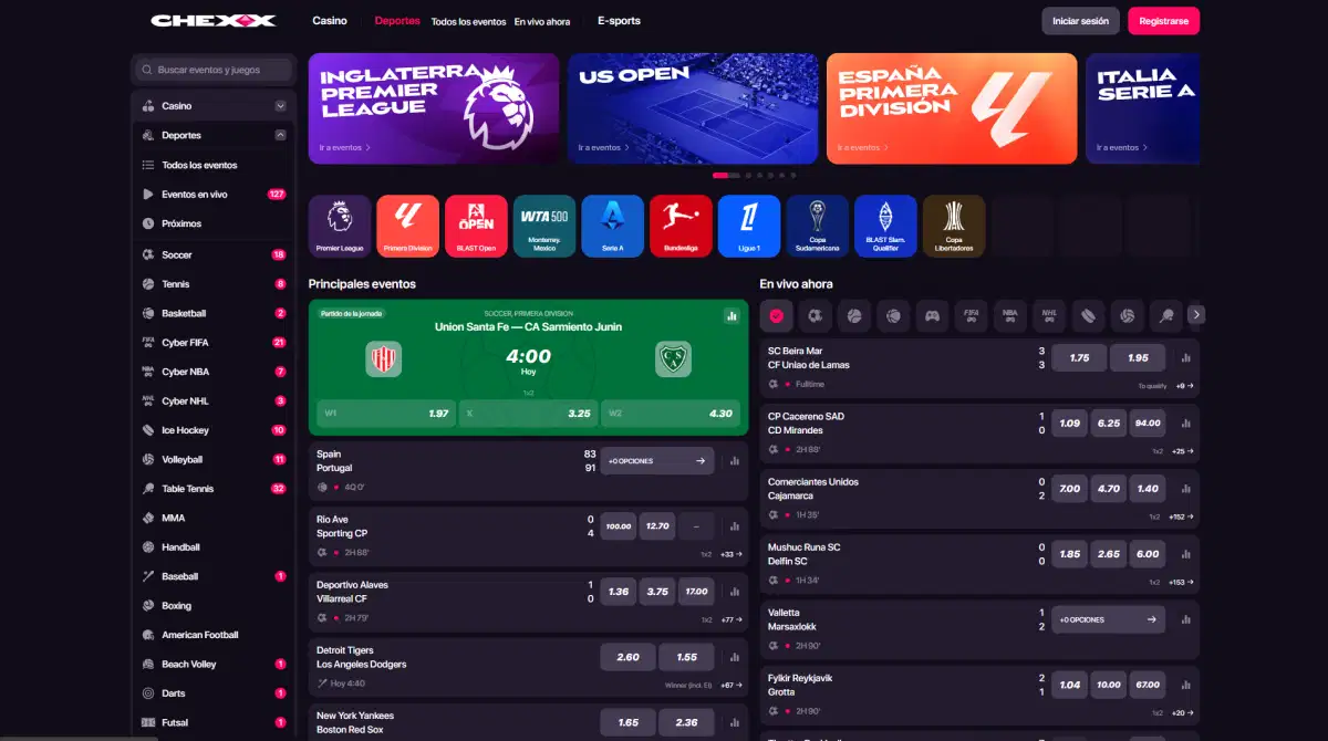 Sportsbook de CHEXX con lista de deportes, eventos y mercados