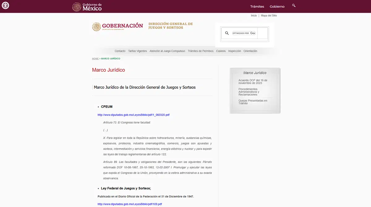 Captura de una página oficial de SEGOB sobre permisos y regulación de juegos con apuestas en México