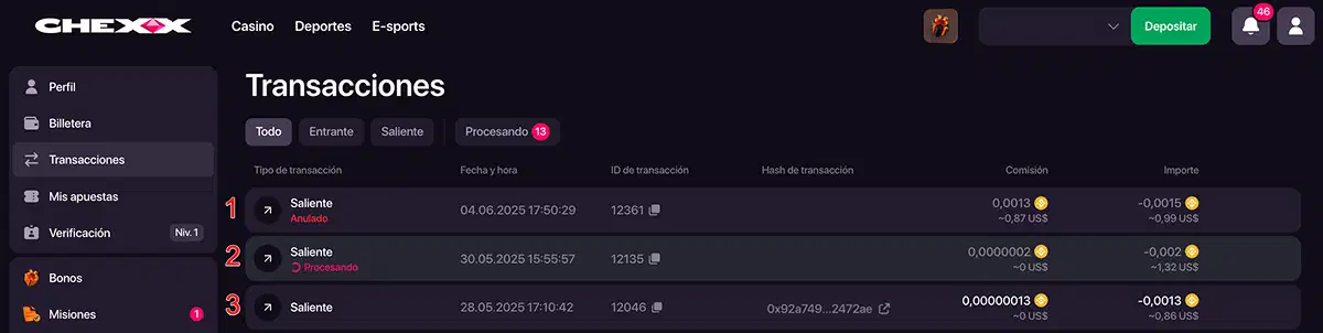Captura del flujo real de retiro de CHEXX con moneda, red y dirección de wallet