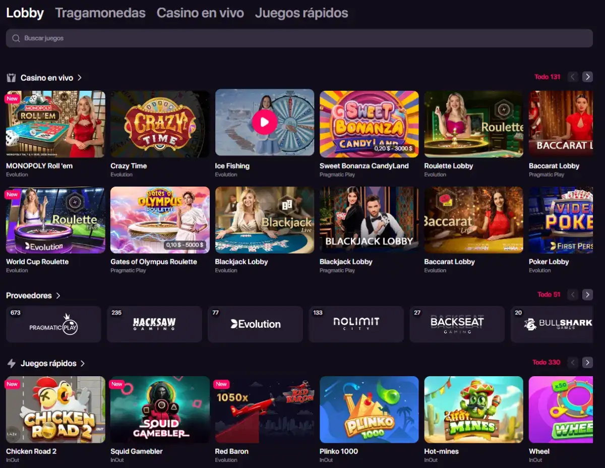 Lobby de juegos de CHEXX con categorías y proveedores visibles