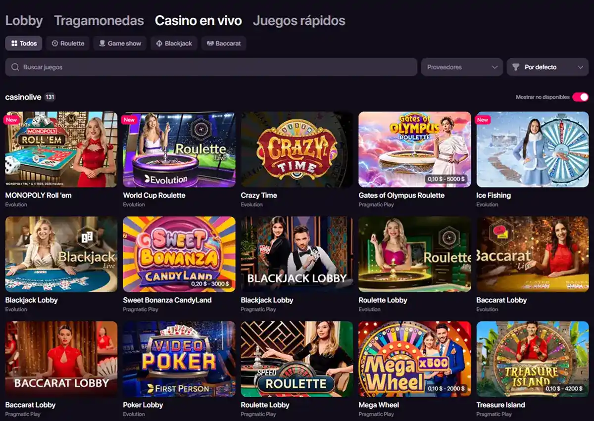 Lobby de casino en vivo de CHEXX con mesas y proveedores visibles