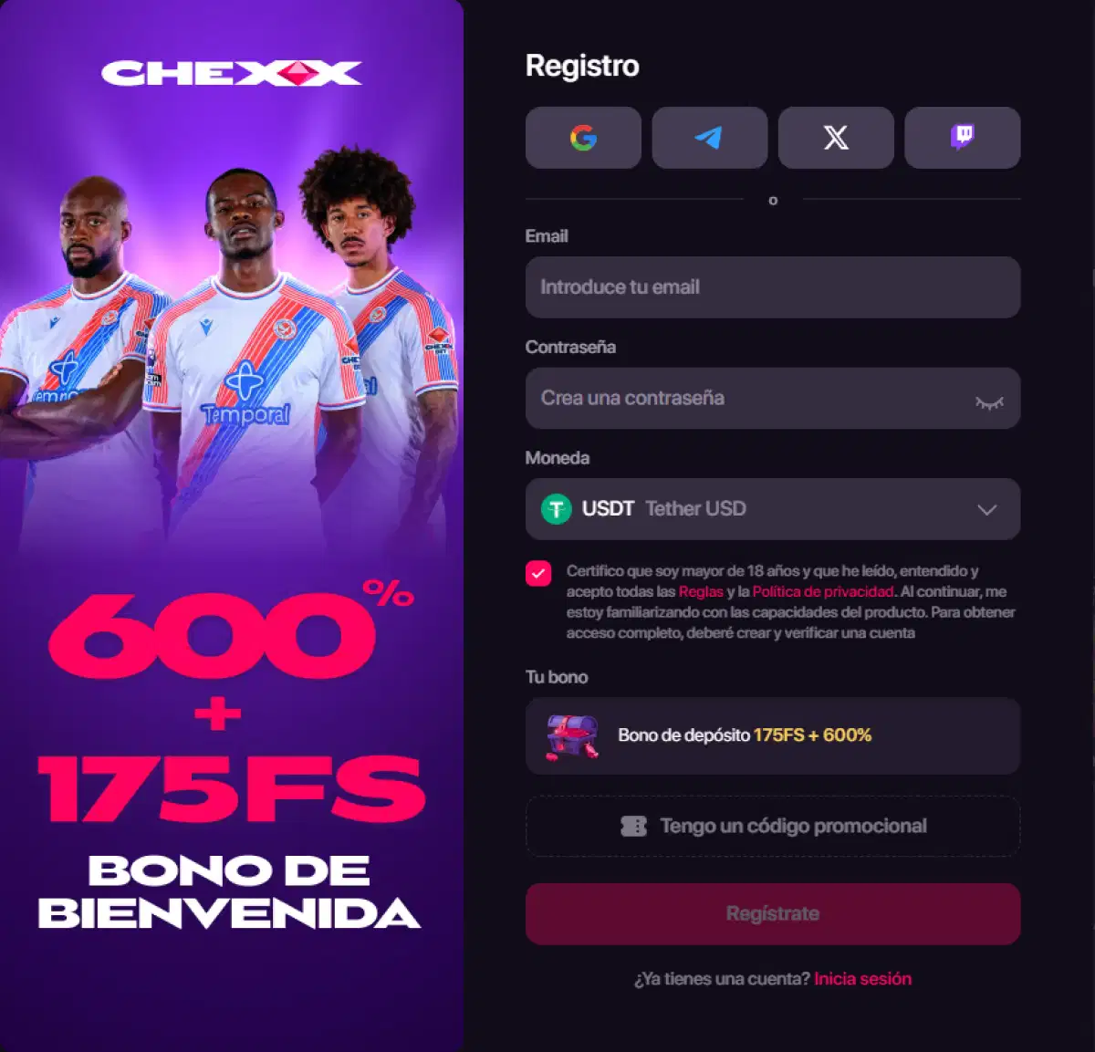 Pantalla real de registro de CHEXX con las opciones de acceso disponibles
