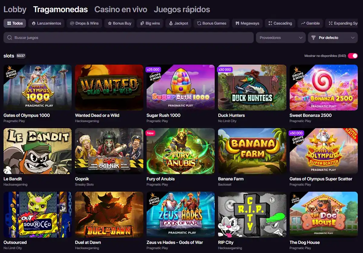 Sección de tragamonedas de CHEXX con títulos y filtros visibles