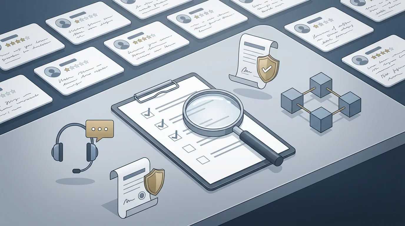 Ilustración editorial de una lista de verificación para evaluar un casino online sin logos ni marcas