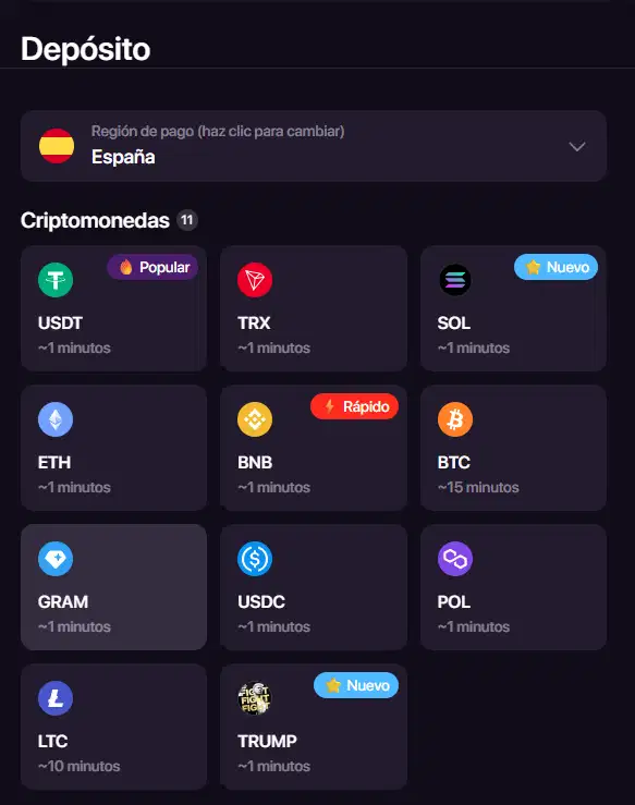 Flujo de depósito de CHEXX con selección de criptomoneda y red