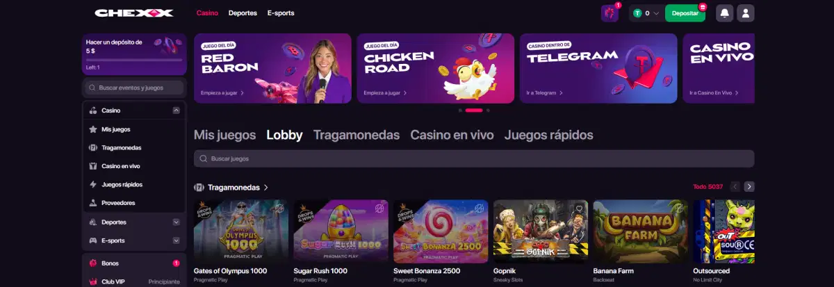 Cabecera o lobby principal de CHEXX con su identidad visual