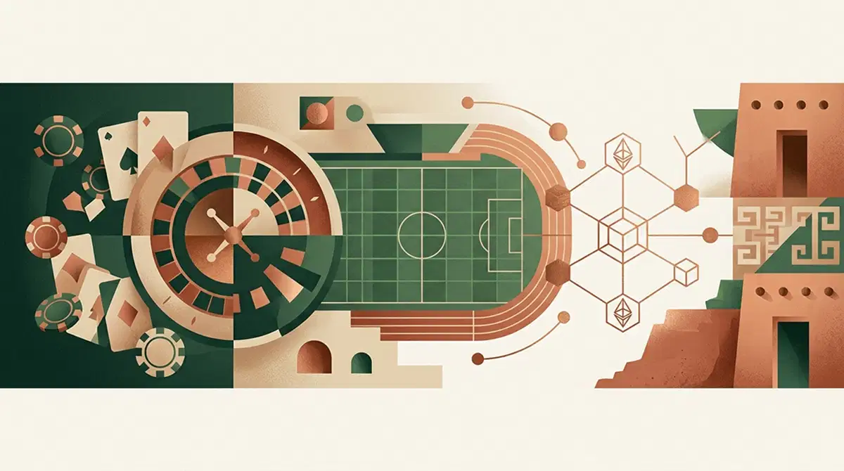 Ilustración editorial sobre casino, sportsbook y criptomonedas en México